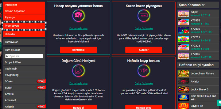 Pinup bonus türleri